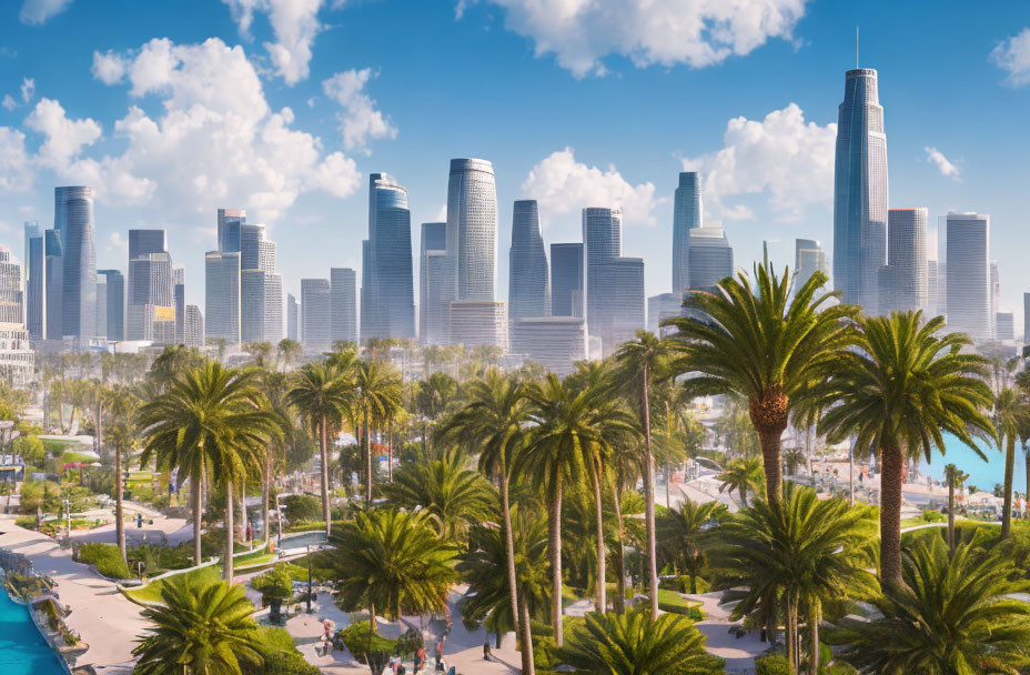 City skyline with skyscrapers, palm trees, and waterfront promenade