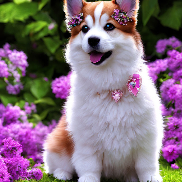 Fluffy Pembroke Welsh Corgi with Heart Necklace in Purple Flower Setting