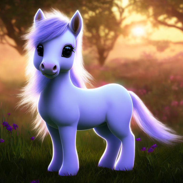 Purple pony illustration with flowing mane in meadow at sunrise