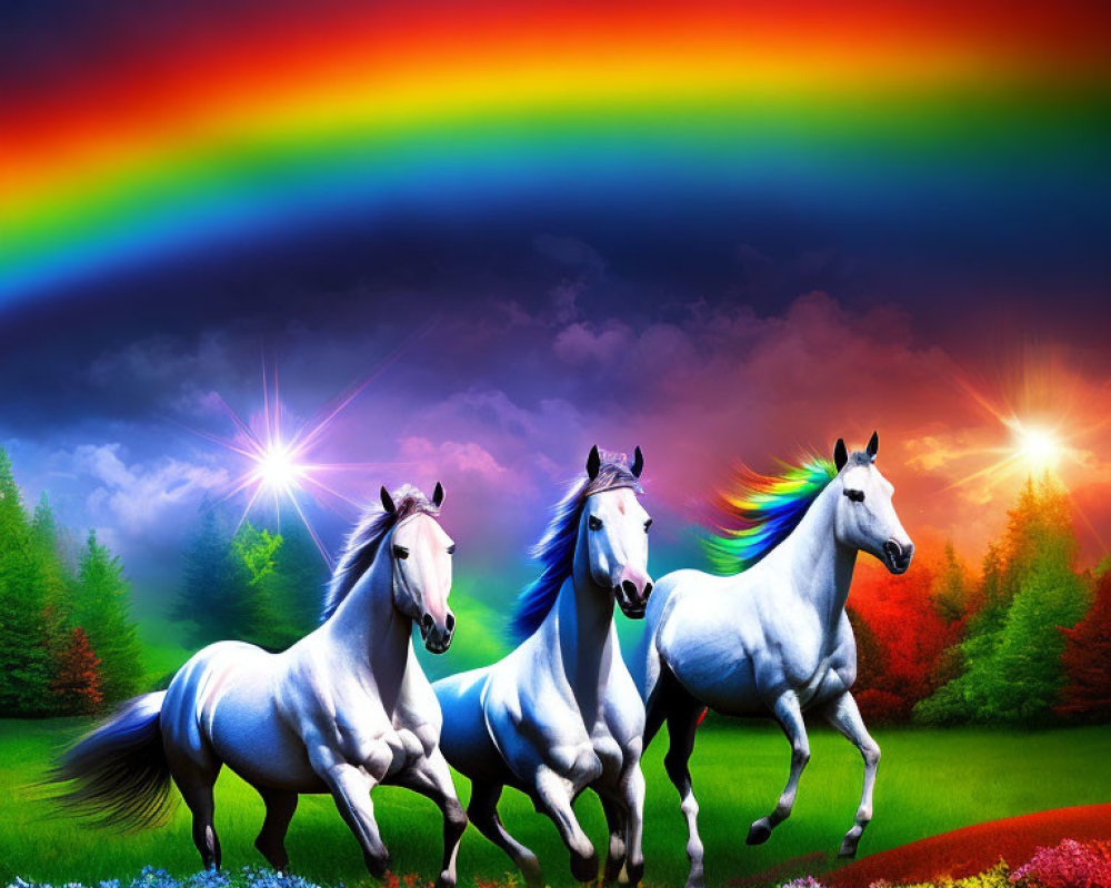 Vibrant landscape with three galloping white horses & rainbow