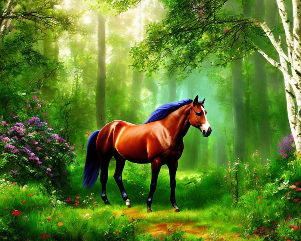 Brown horse in lush forest clearing with sunbeams and vibrant green foliage.