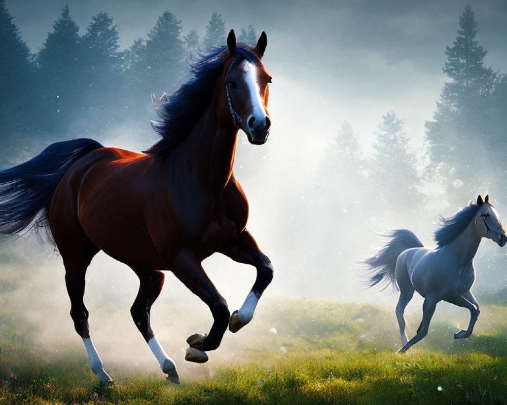 Brown and white horses galloping in misty field with dark trees and dusky sky