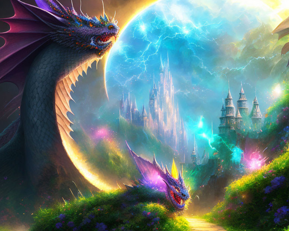 Majestic dragon in fantasy landscape with enchanted castle under full moon