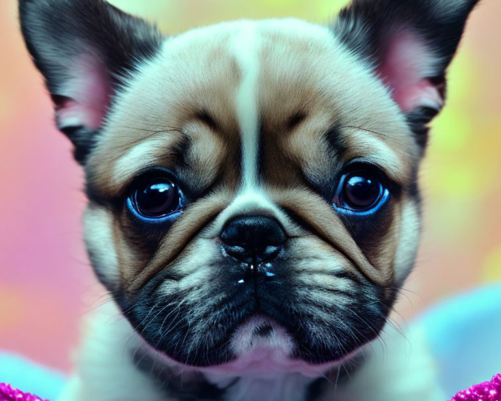 Adorable wrinkled face puppy with expressive eyes on colorful backdrop