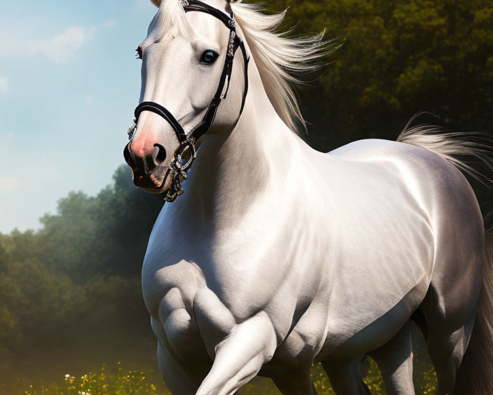 White Horse with Black Bridle Prancing in Sunny Field