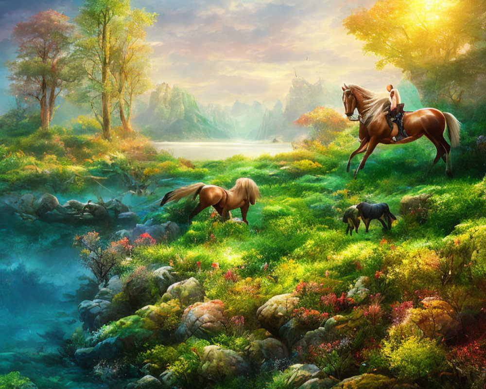 Scenic landscape with horse rider, grazing horse, dog, lush foliage, flowers, river, sunrise