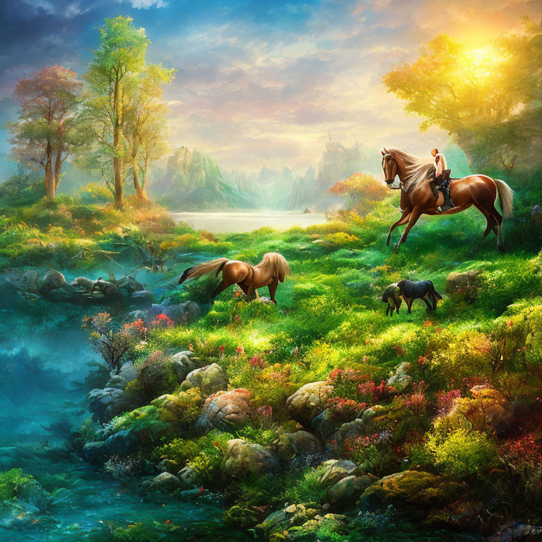 Scenic landscape with horse rider, grazing horse, dog, lush foliage, flowers, river, sunrise