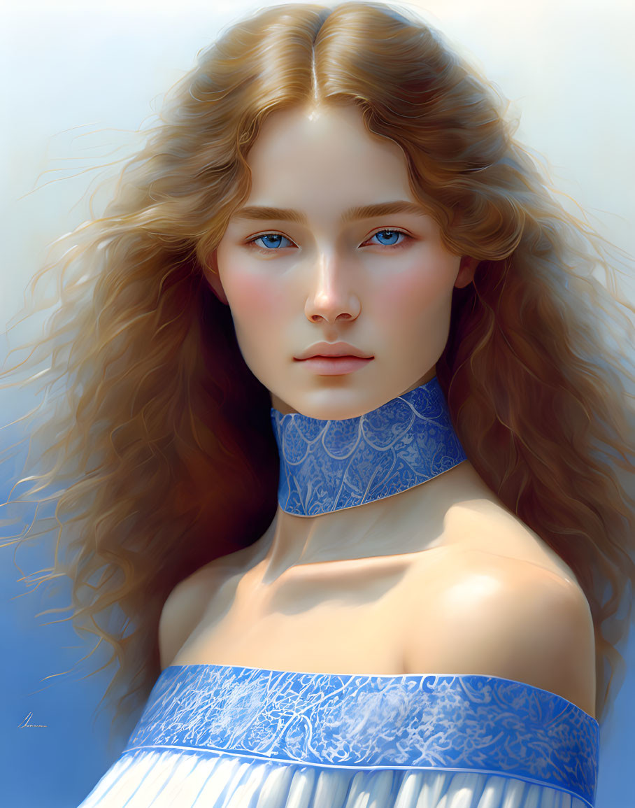 Portrait of young woman with auburn hair and blue eyes in blue outfit