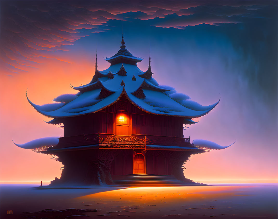 Traditional Asian pagoda art at sunset over ocean