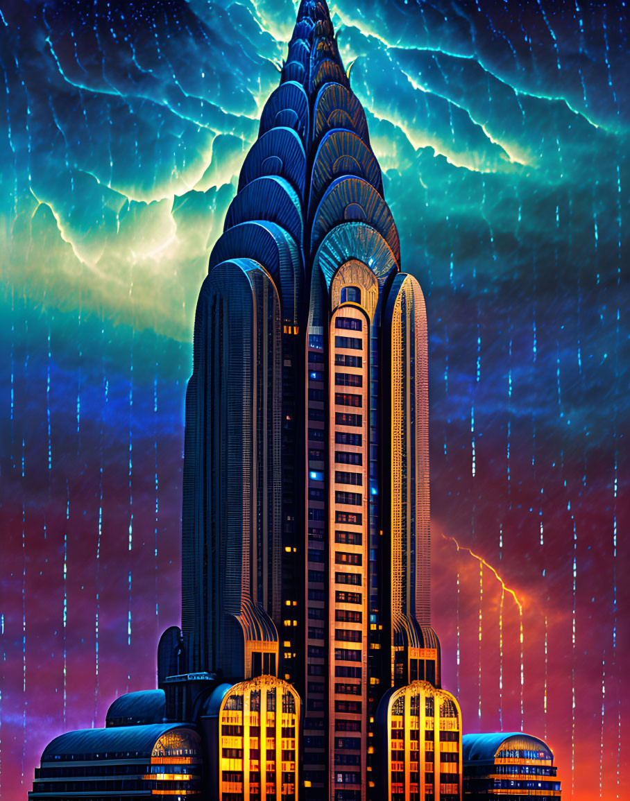 Modern skyscraper with illuminated windows under aurora lights and falling meteors in night sky