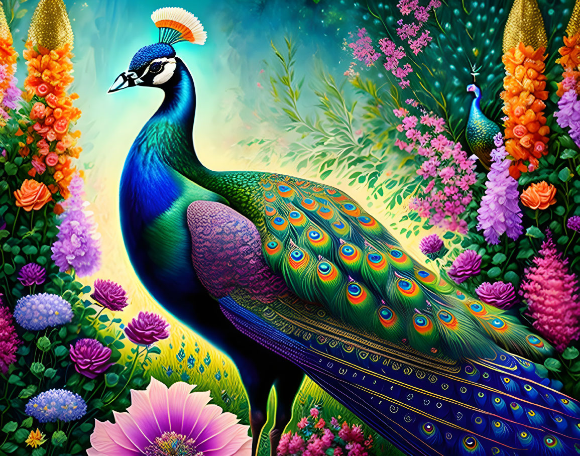 Colorful Peacock Art in Lush Floral Setting