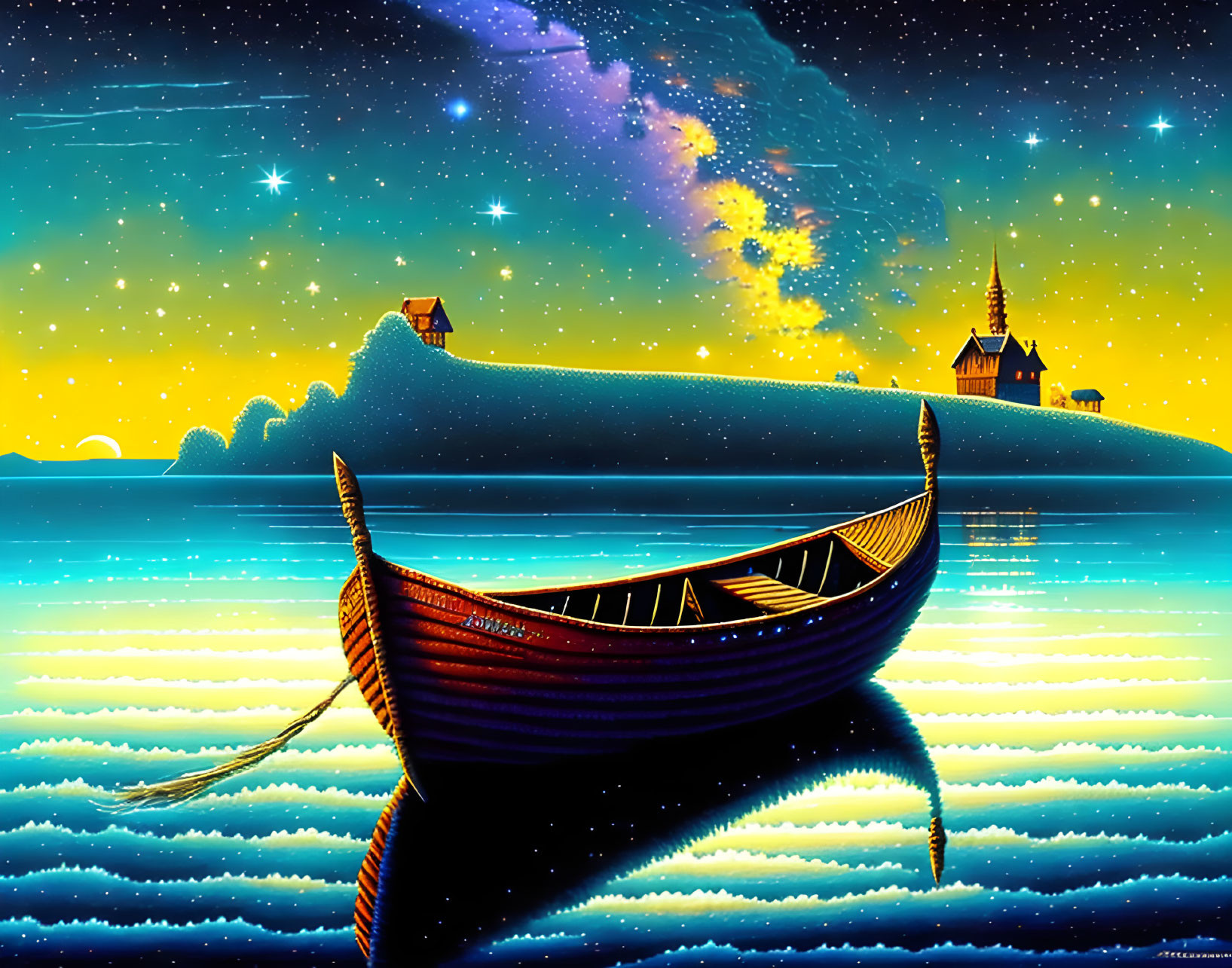 Digital art: Starry night sky, lake, boat, hill silhouettes