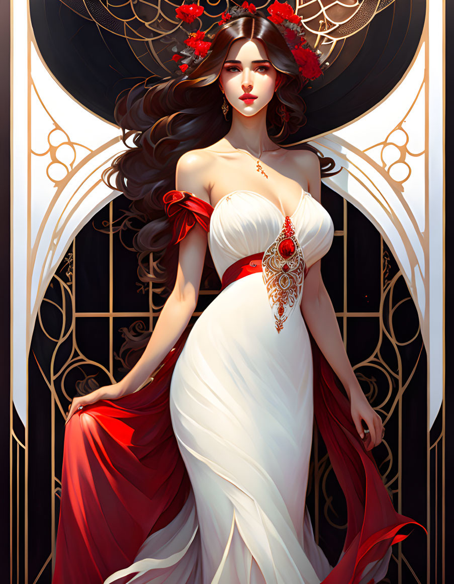 Detailed illustration of woman with dark hair, white dress, red flowers, and gold jewelry.