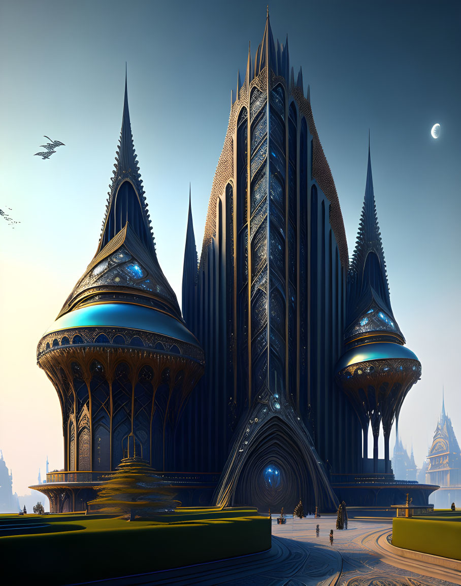 Fantasy castle with soaring spires against twilight sky