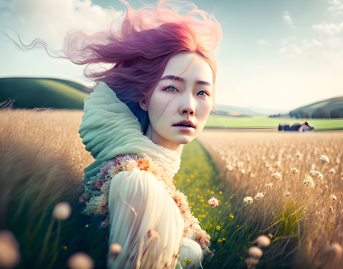 Digital artwork: Purple-haired girl in fantasy attire on wind-swept field