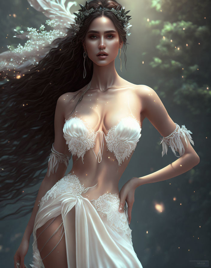 Fantasy image of woman in ethereal white attire with long flowing hair in mystical forest.