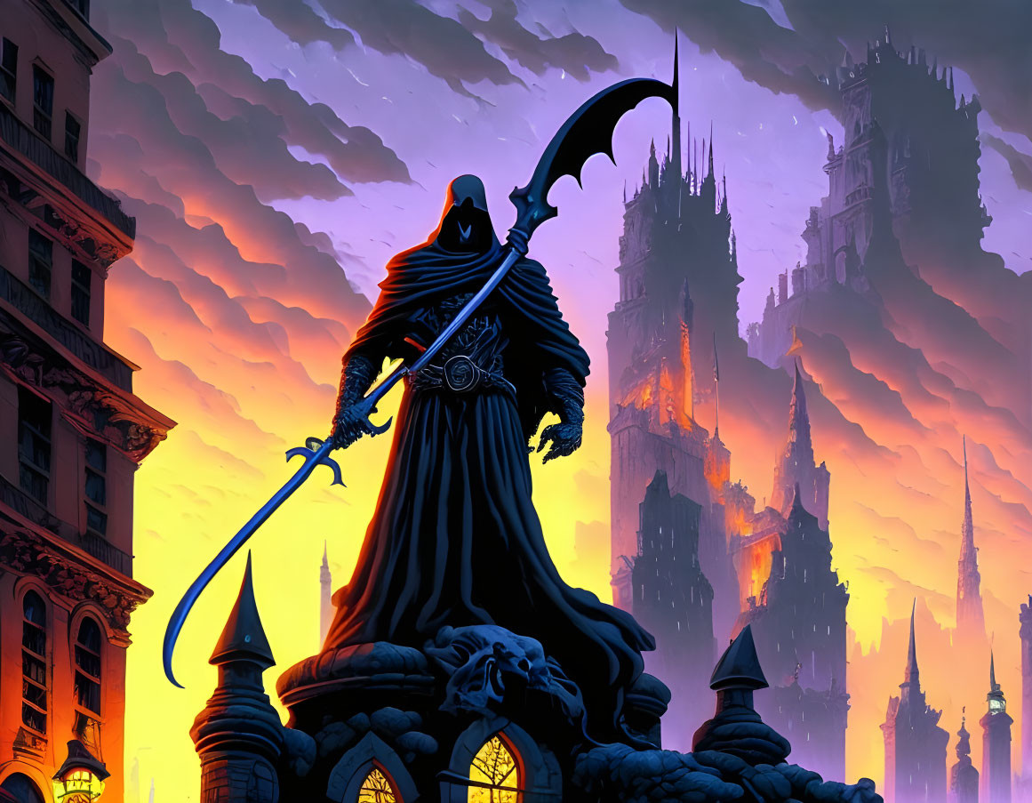 Cloaked figure with scythe in gothic cityscape under orange sky