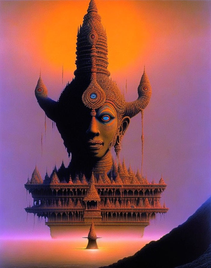 Surreal image: Face with multiple eyes and temple headgear on orange backdrop