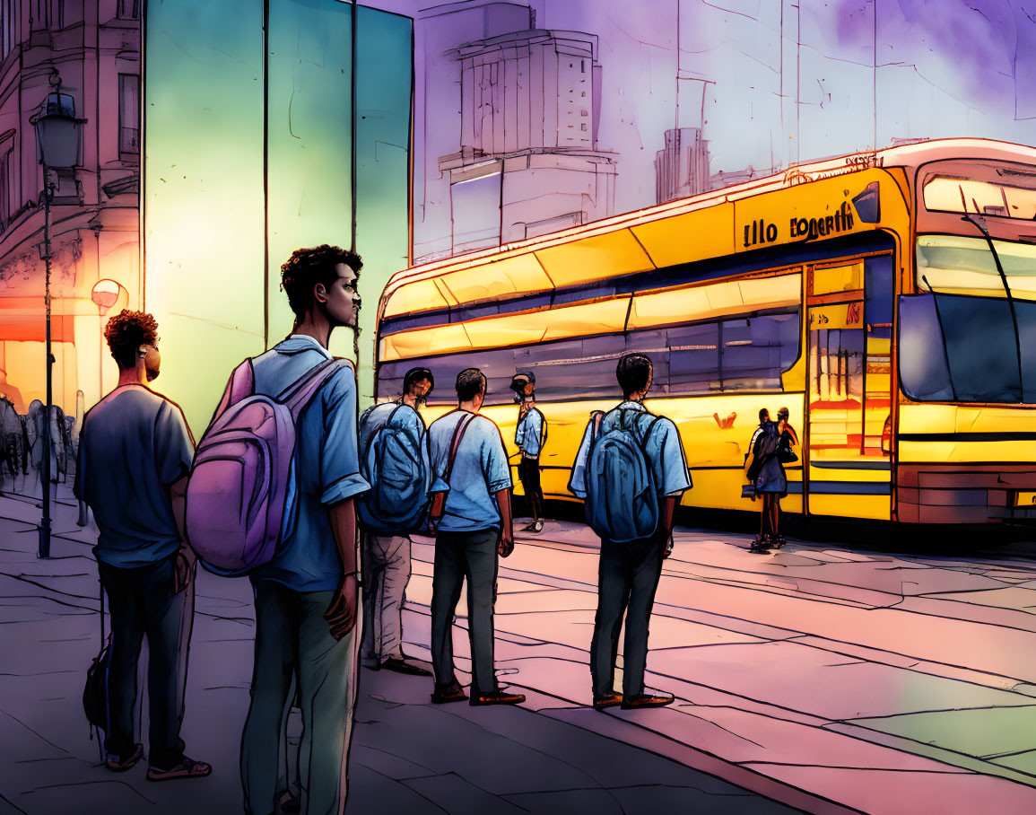 Colorful cityscape bus stop illustration with person looking back.