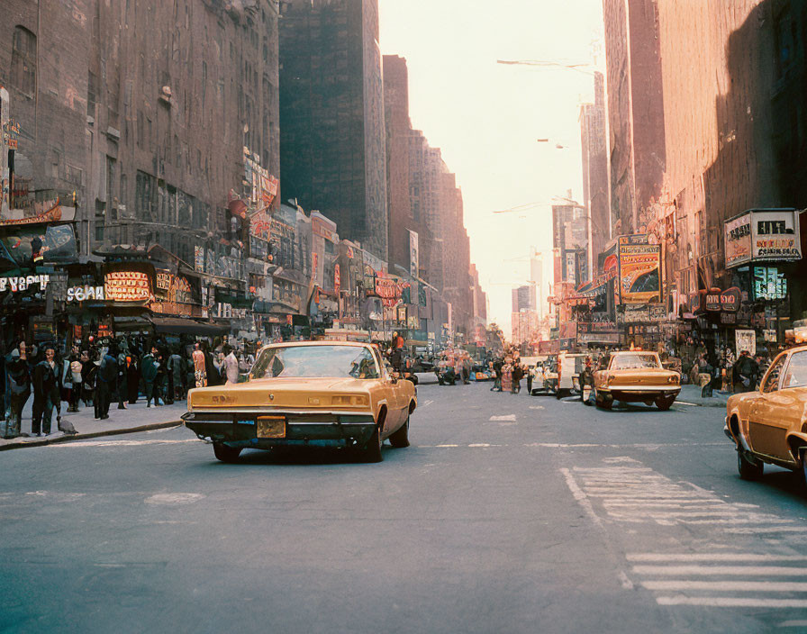 Classic cars and pedestrians fill vibrant vintage city street with retro theater billboards.