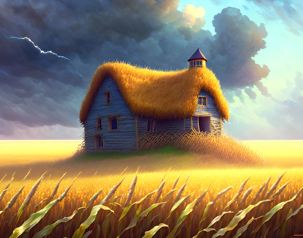 Whimsical thatched-roof house in golden wheat field under stormy sky