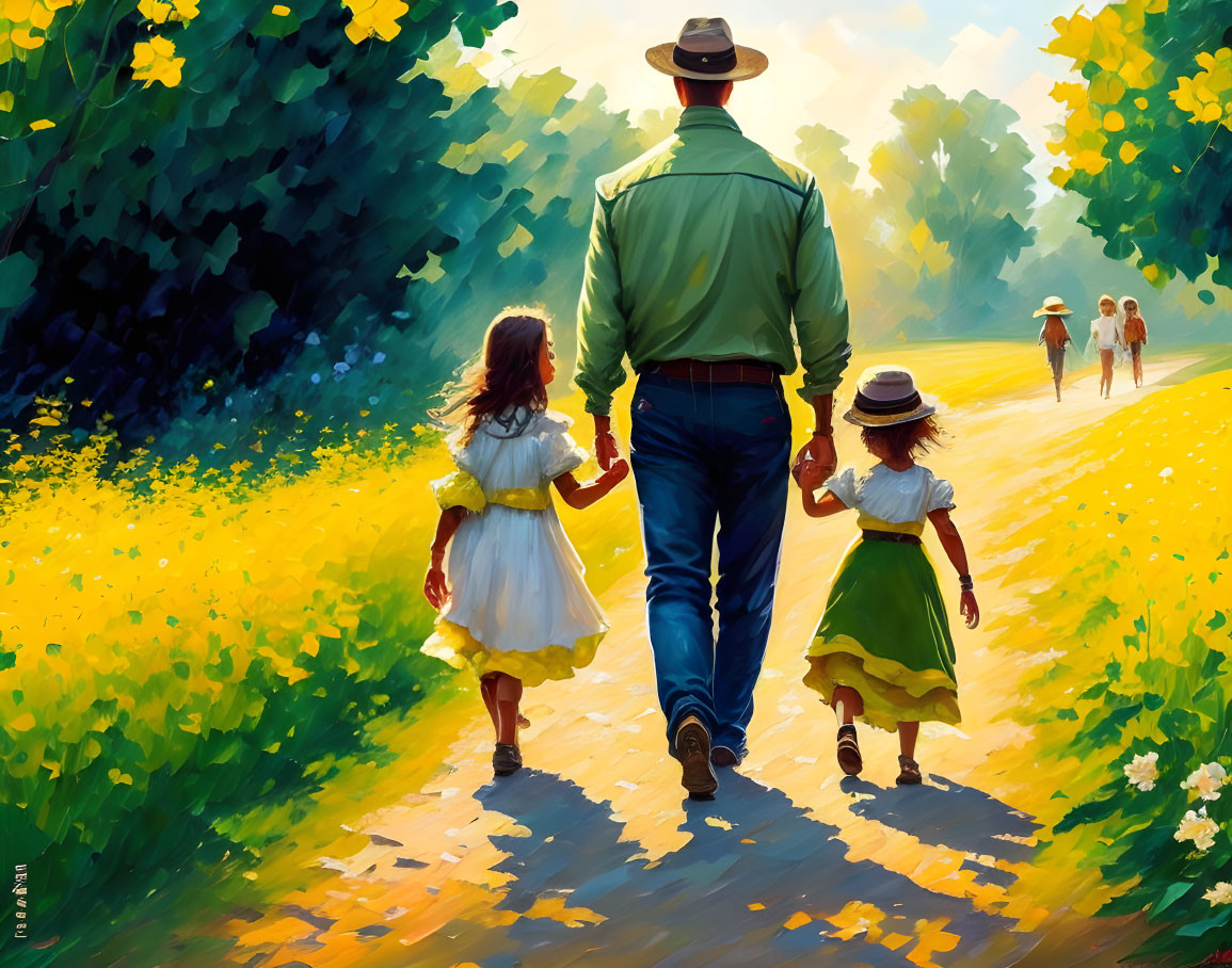 Man walking with two girls on sunlit path surrounded by vibrant foliage