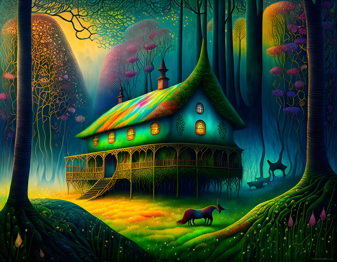 Enchanting night forest with illuminated cottage and fox