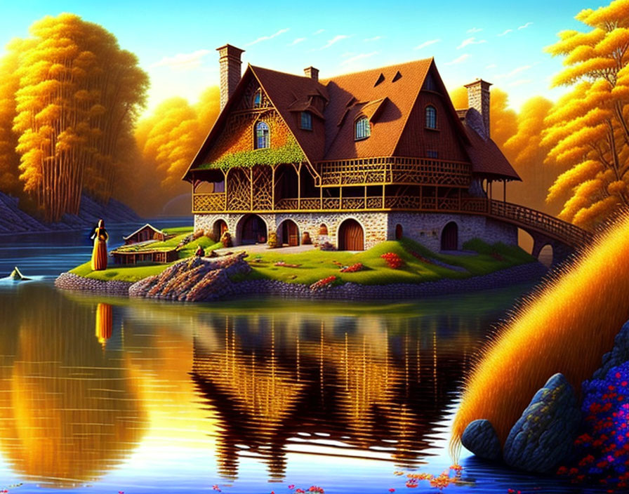 Colorful fairy-tale house by lake with autumn trees and bridge