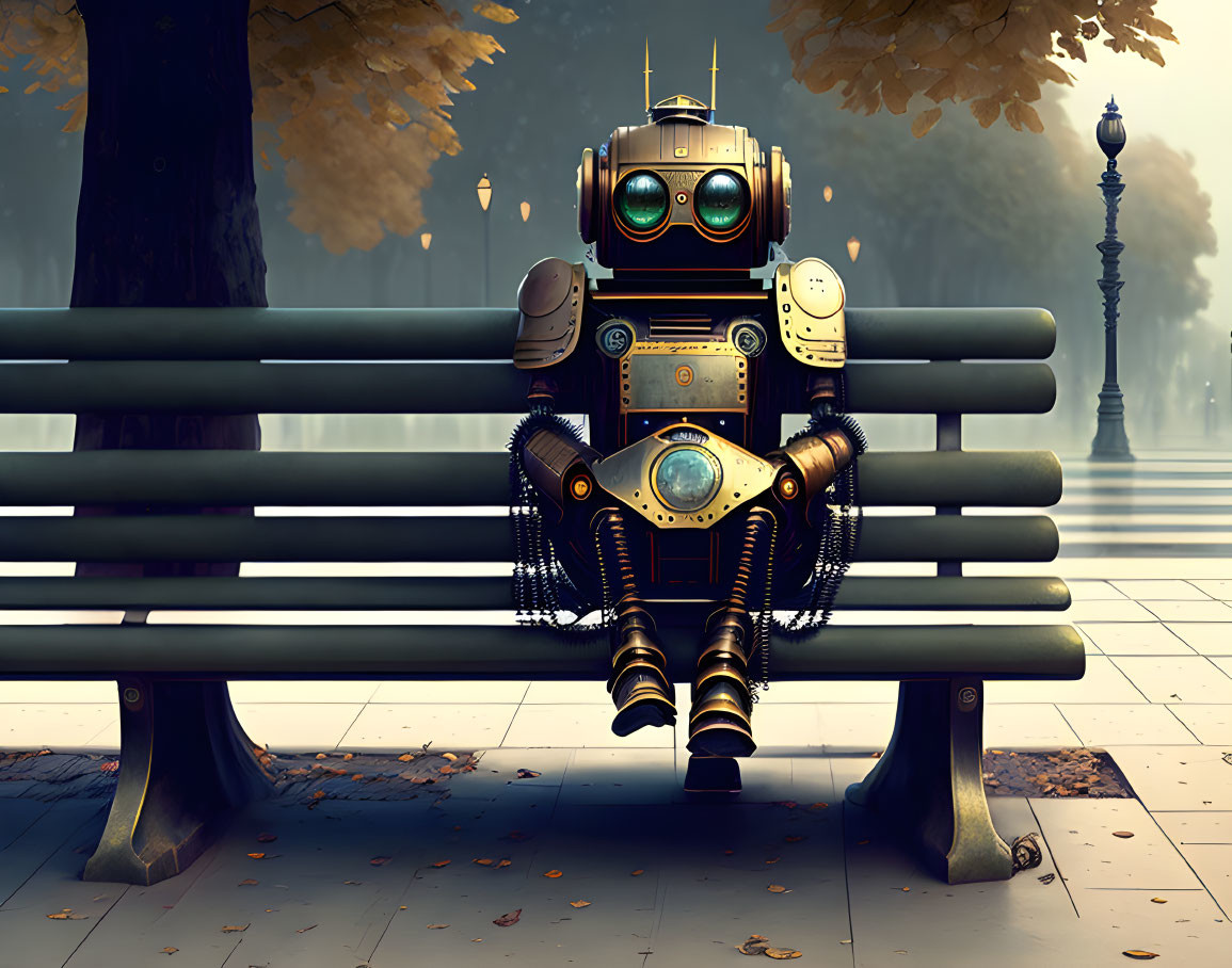 Brass steampunk robot on park bench with gears and dials in misty background