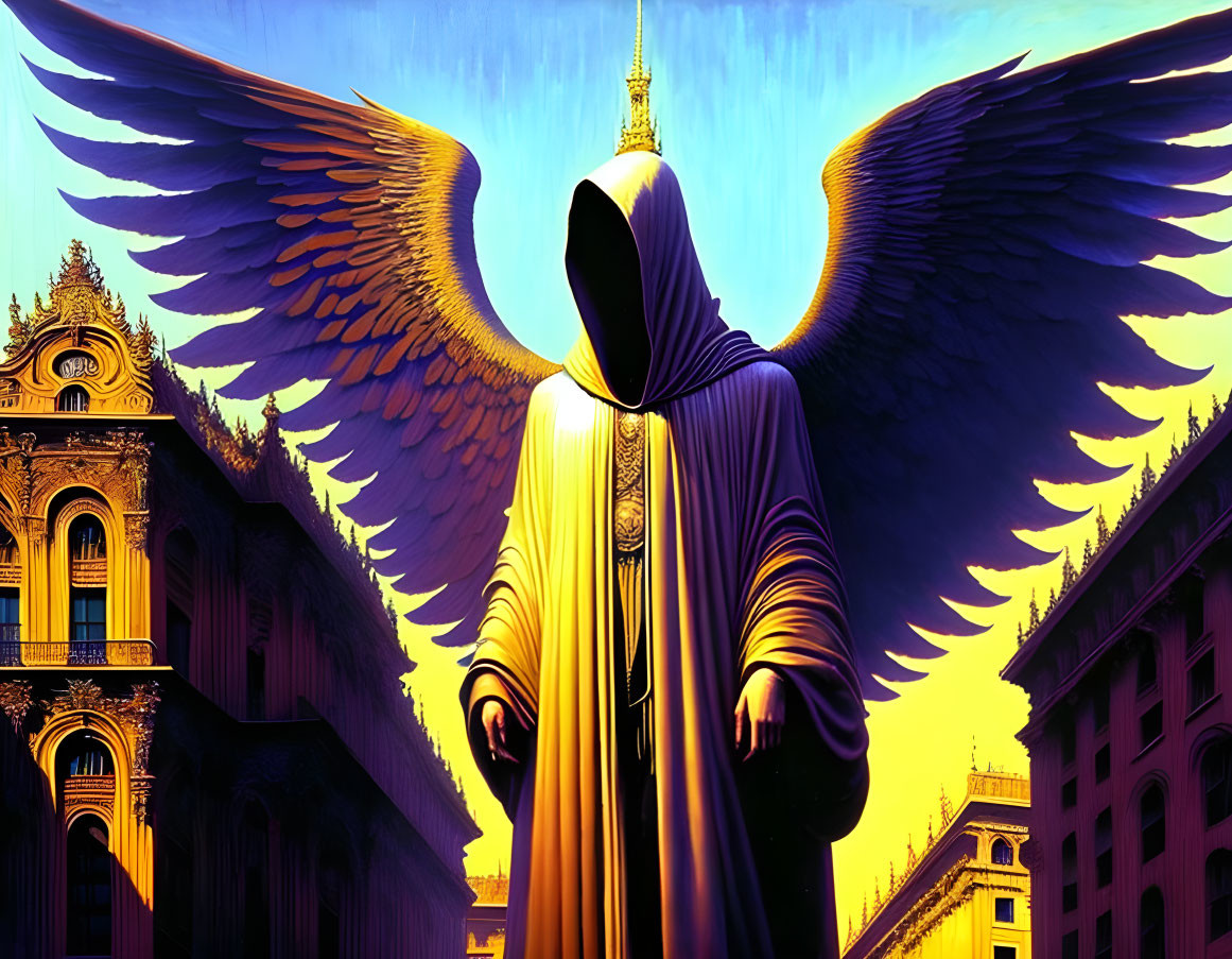 Cloaked figure with wings in front of ornate building at sunset