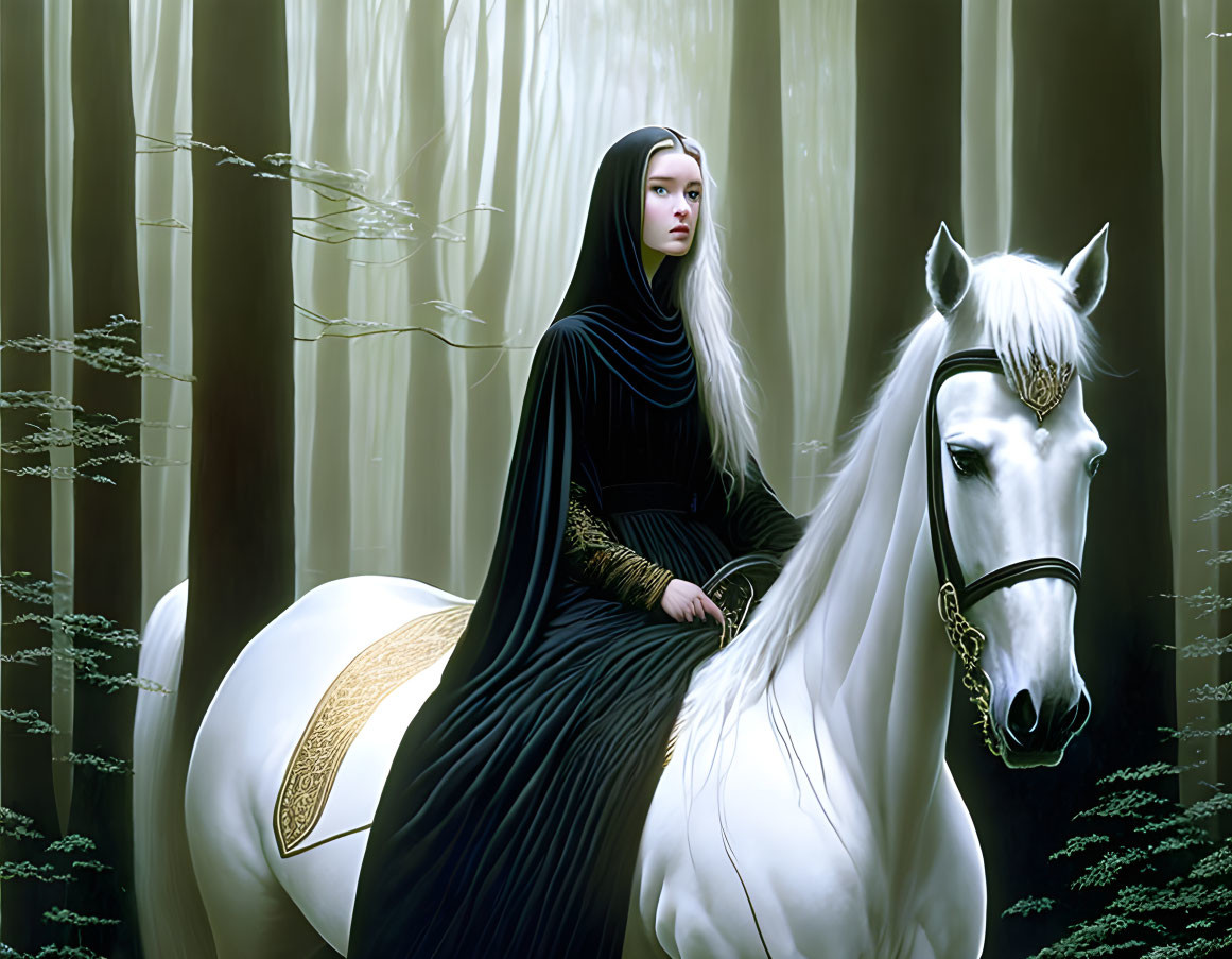 Woman in black cloak riding white horse through misty forest