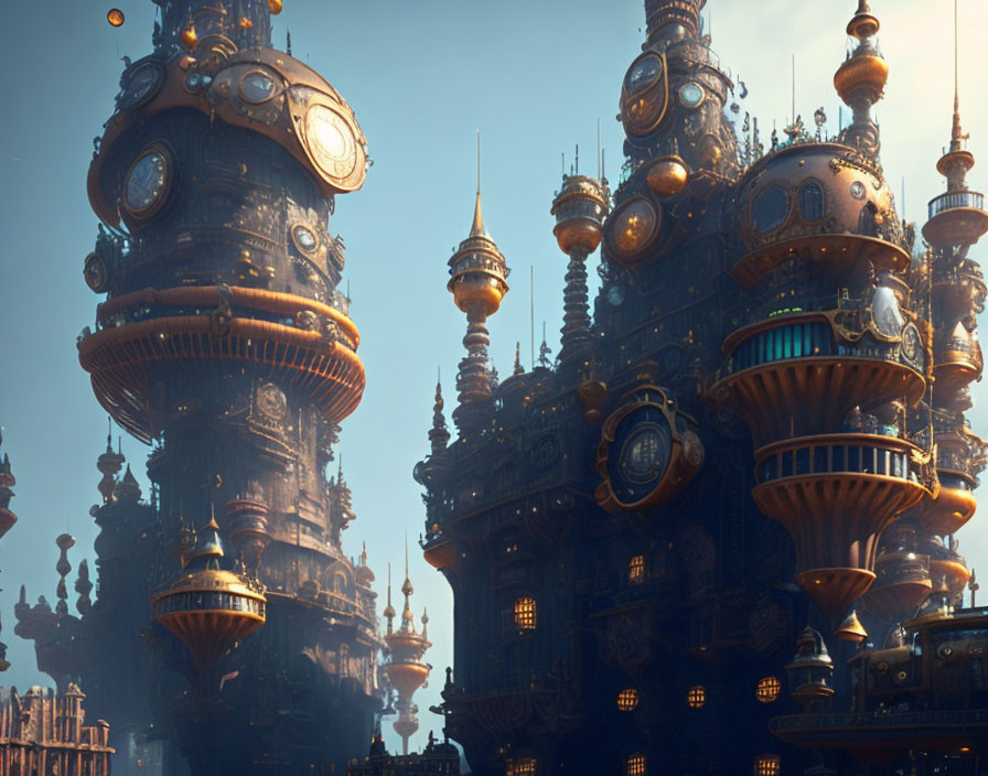 Steampunk cityscape with ornate towers and mechanical components