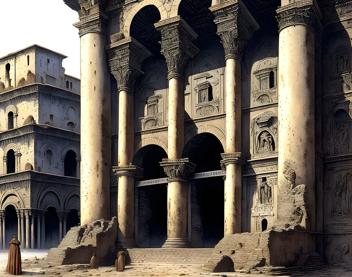 Digital art: Ancient courtyard with grand columns and figures in cloaks