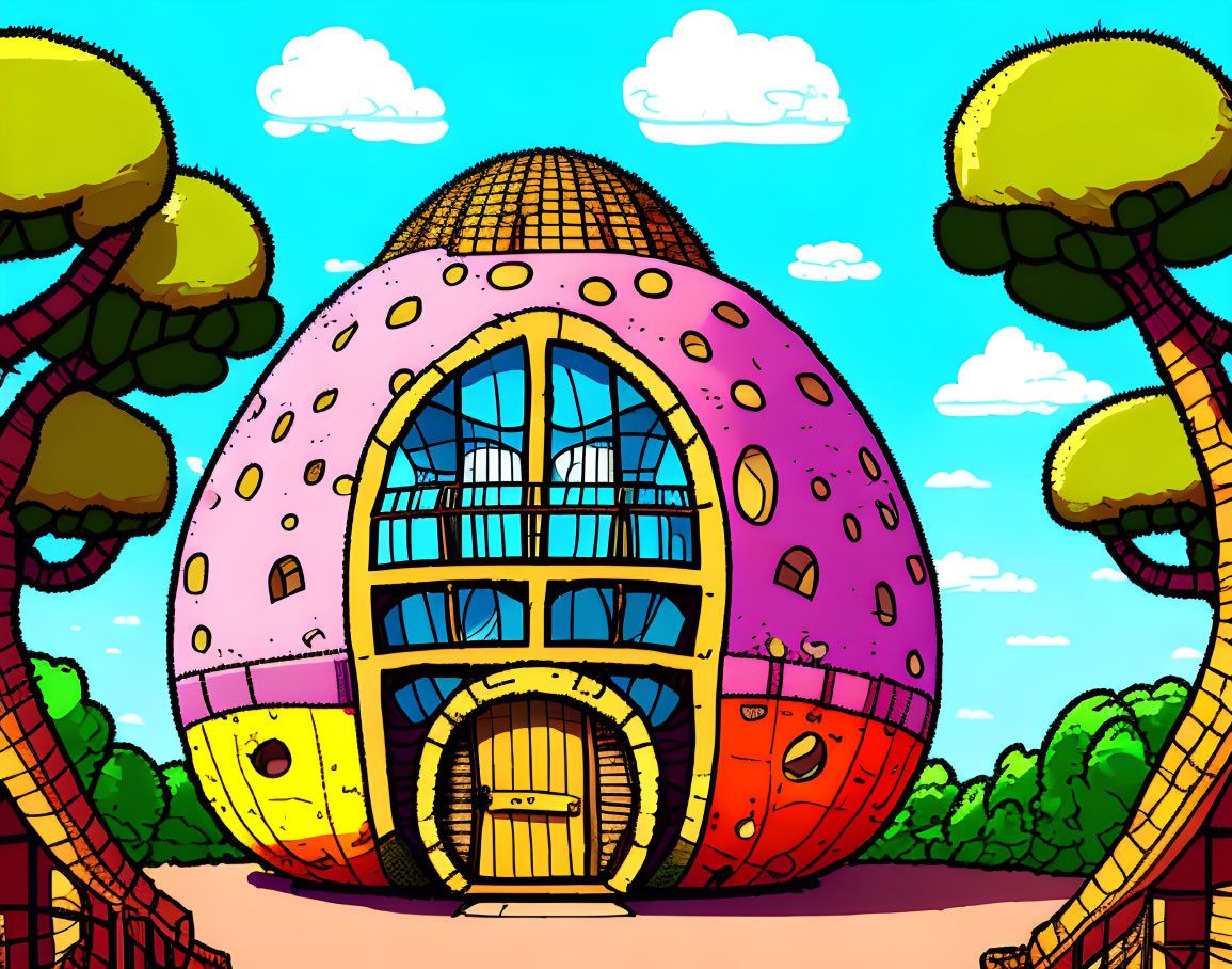 Colorful egg-shaped house with circular window in whimsical setting