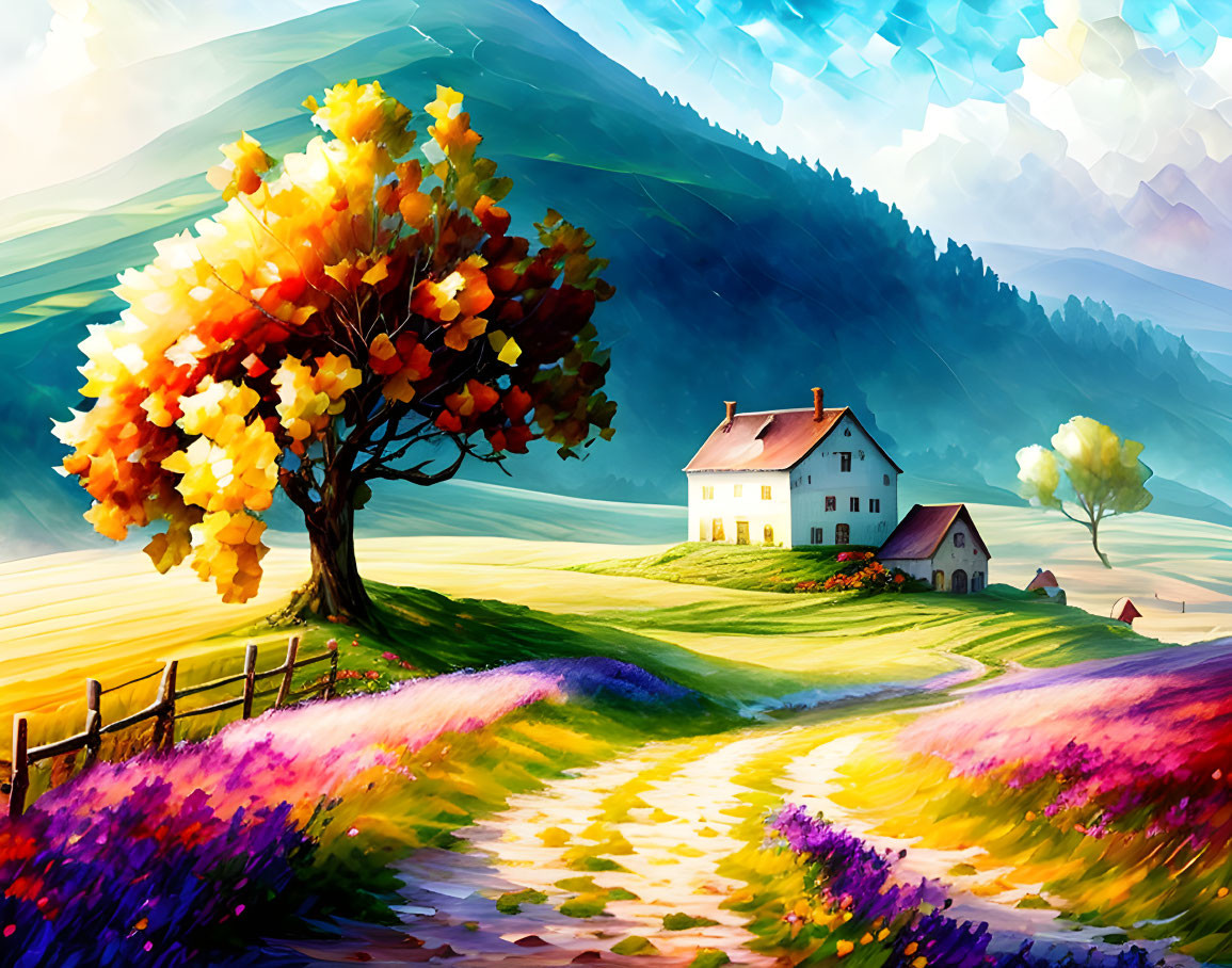 Colorful countryside painting with white house, flowers, autumn tree, and rolling hills.