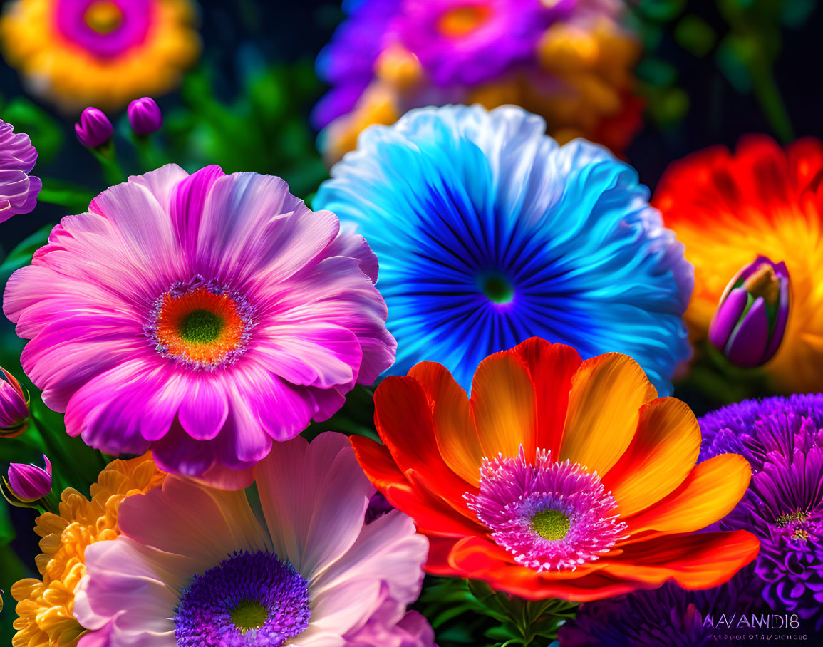 Colorful Artificial Flowers in Pink, Blue, and Orange on Dark Background