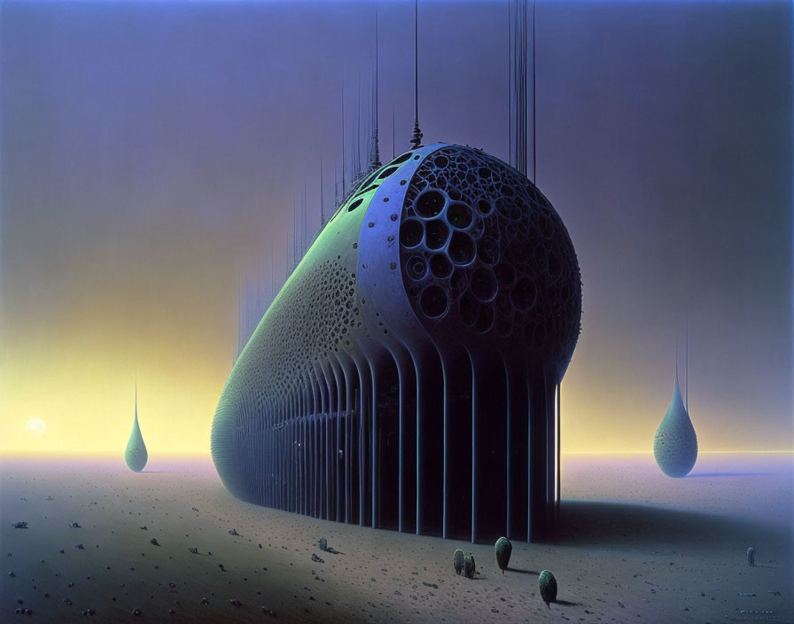 Surreal landscape featuring futuristic organic-shaped structure