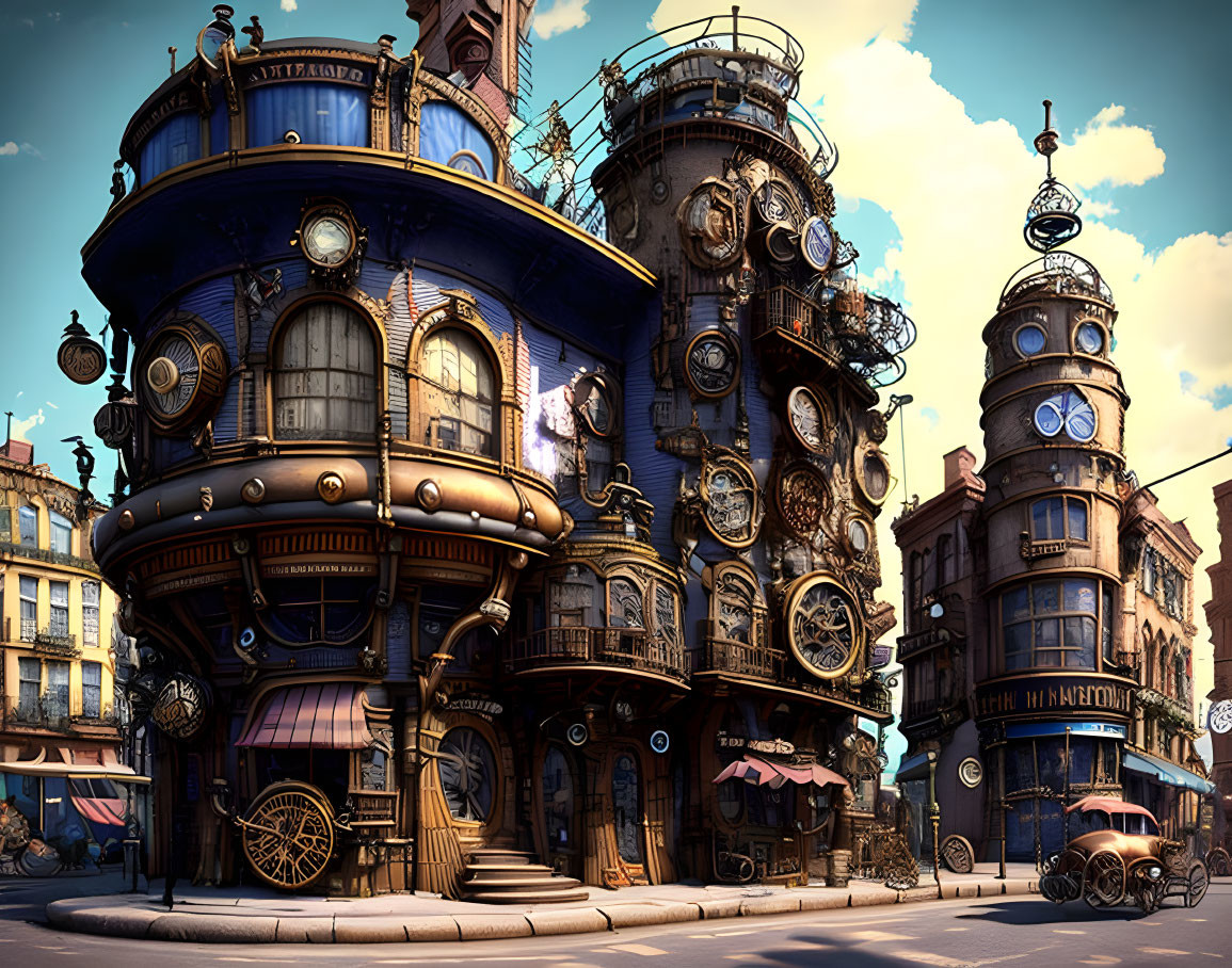 Whimsical steam-punk cityscape with ornate buildings and retro-futuristic vehicles