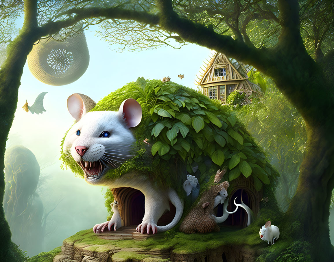 Fantasy illustration: house on giant mouse in lush setting