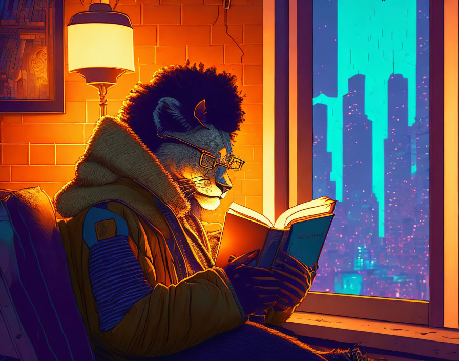 Anthropomorphic lion reading book by window with cityscape backdrop