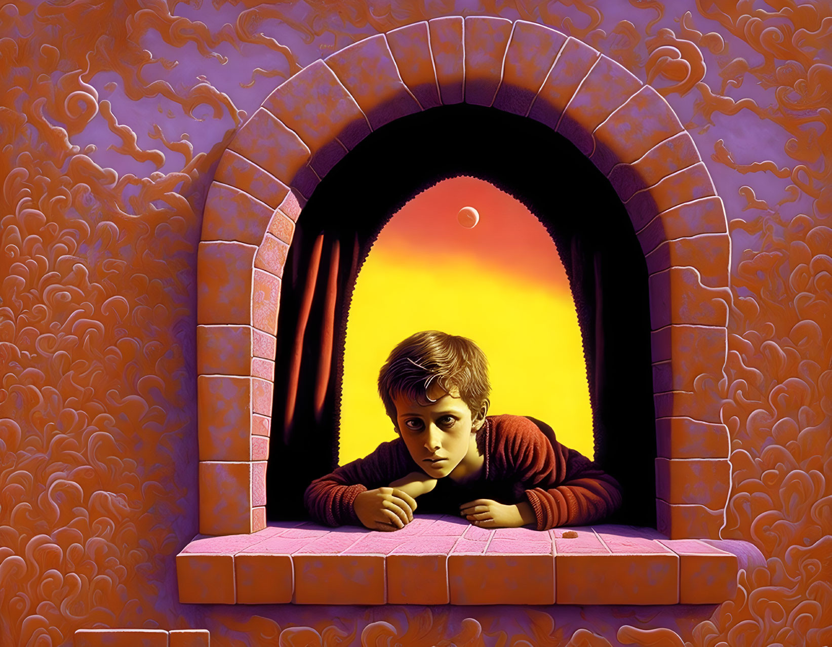 Young person gazes from pink brick windowsill at orange sunset through arched window