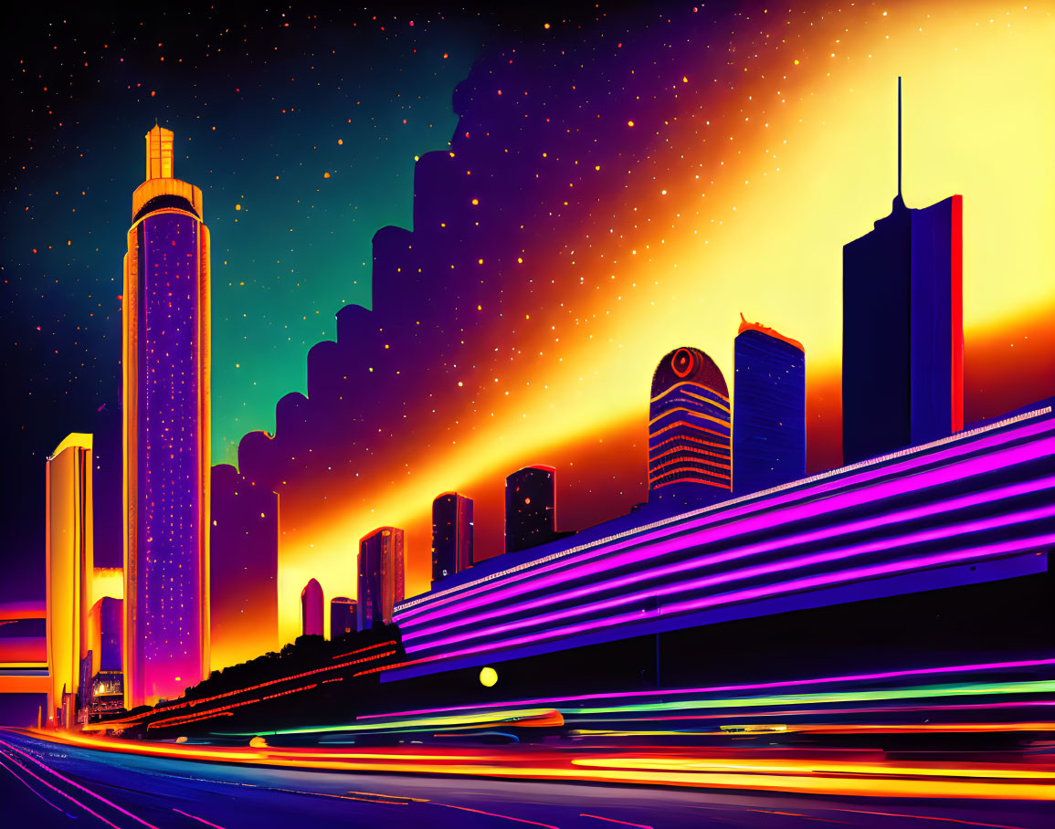 Neon-lit cityscape at dusk: vibrant lights, starry sky