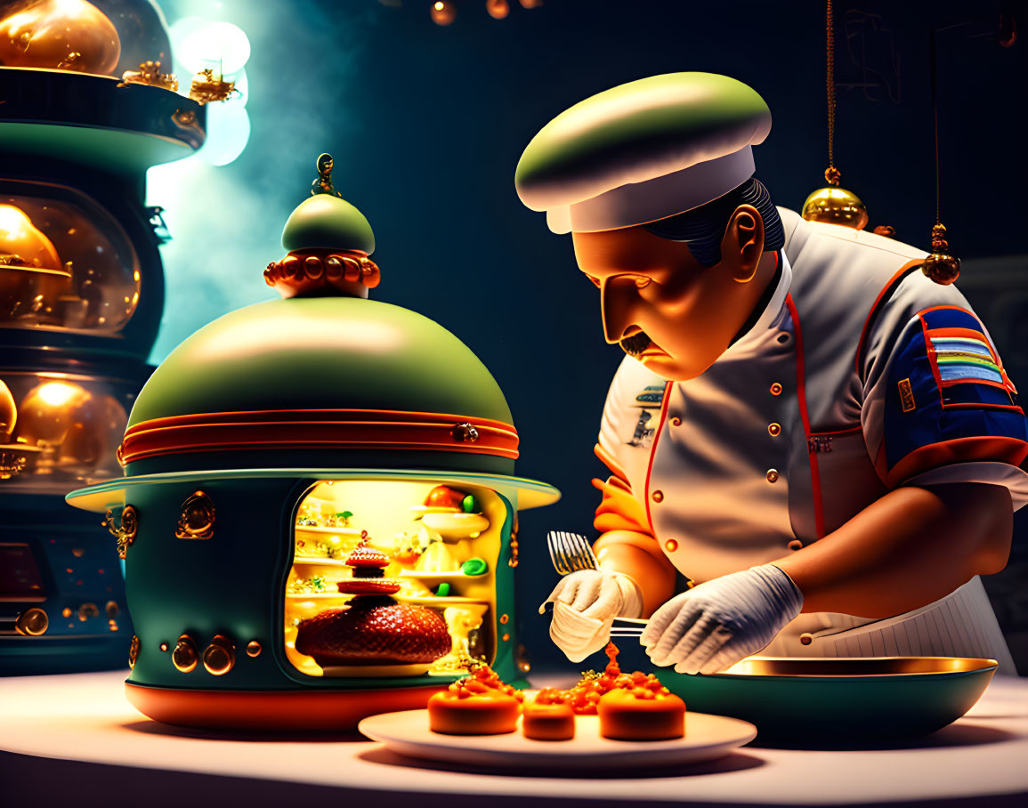 Chef decorating small dishes near a vibrant stylized oven with dramatic lighting