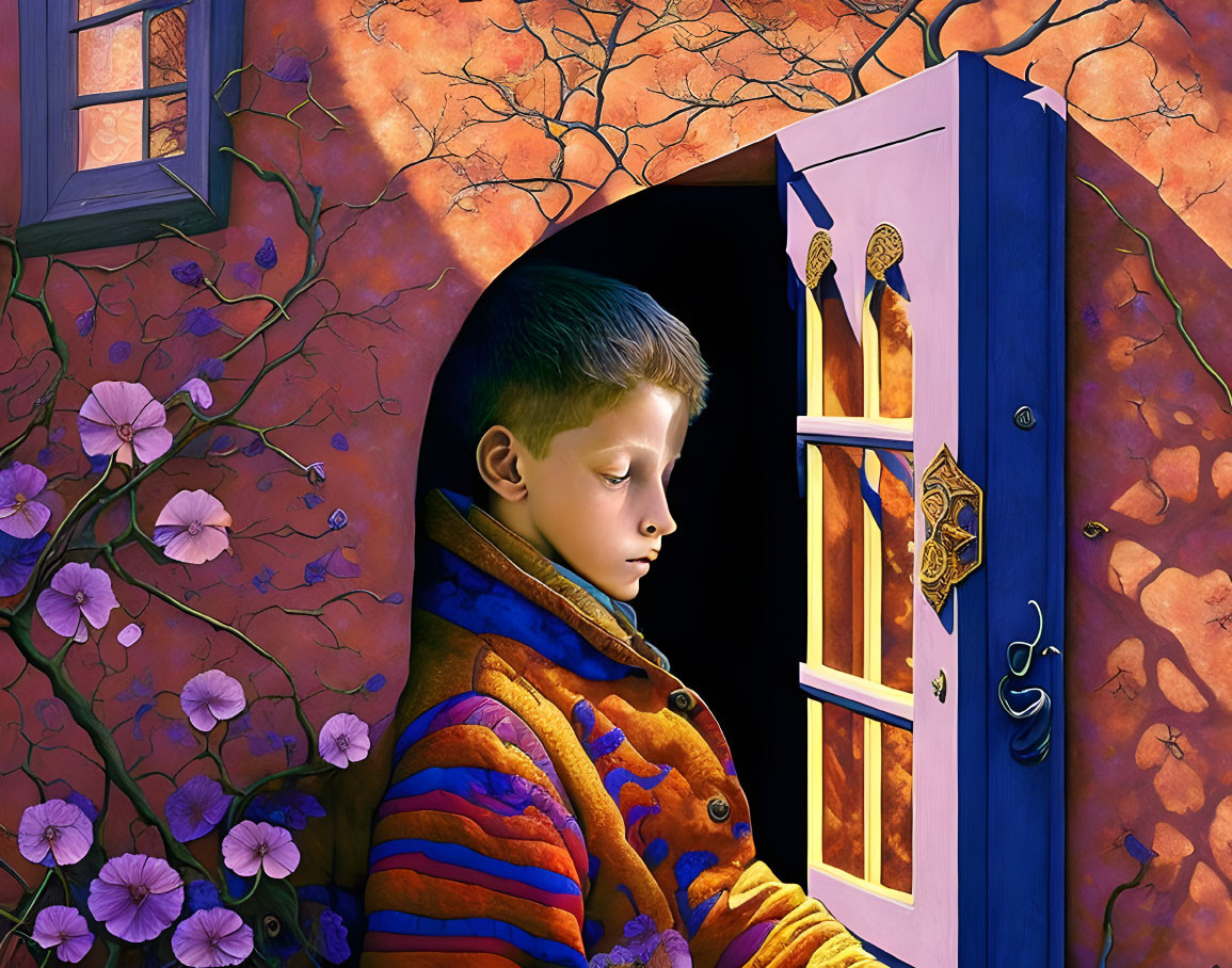 Young boy in colorful striped sweater peering through open purple door surrounded by flowers and bare branches.