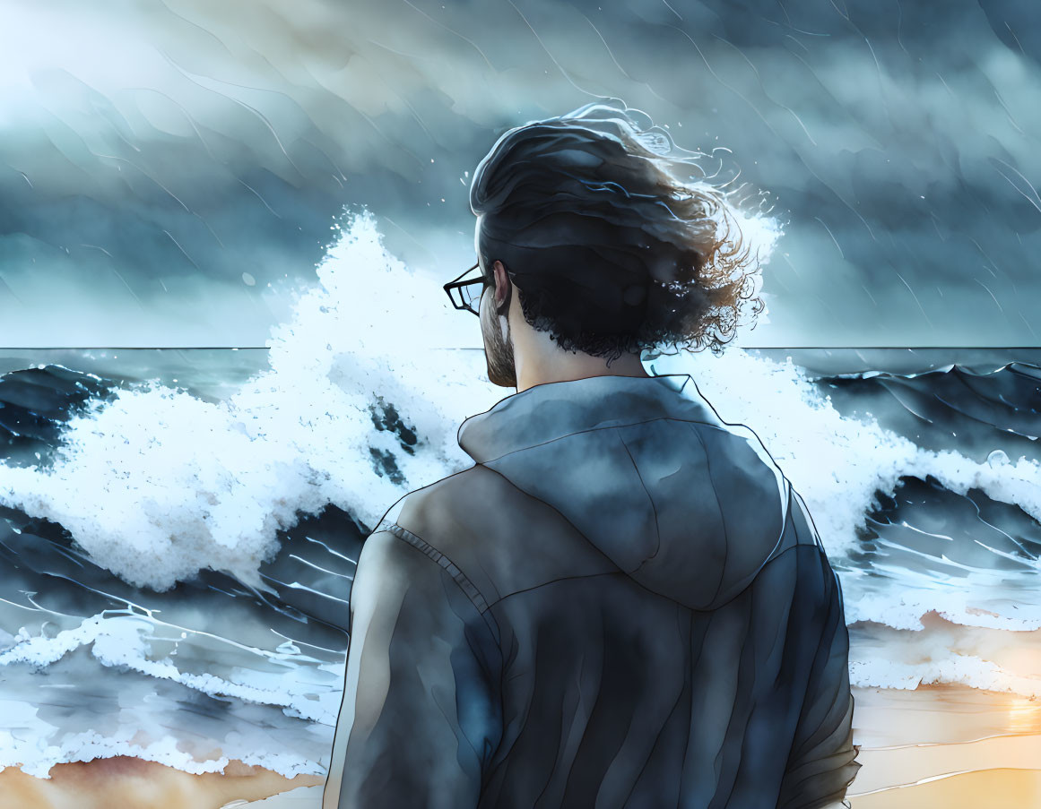 Curly-haired person with glasses gazes at turbulent ocean waves under stormy sky