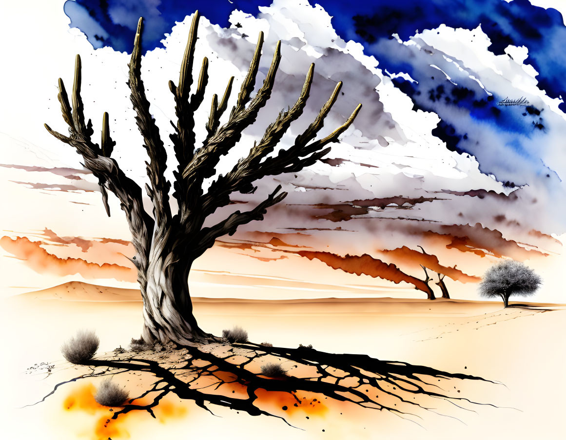 Digital painting of leafless tree in arid desert landscape