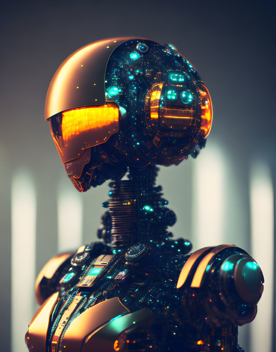 Futuristic robot with glossy orange helmet and blue circuitry on soft-lit background