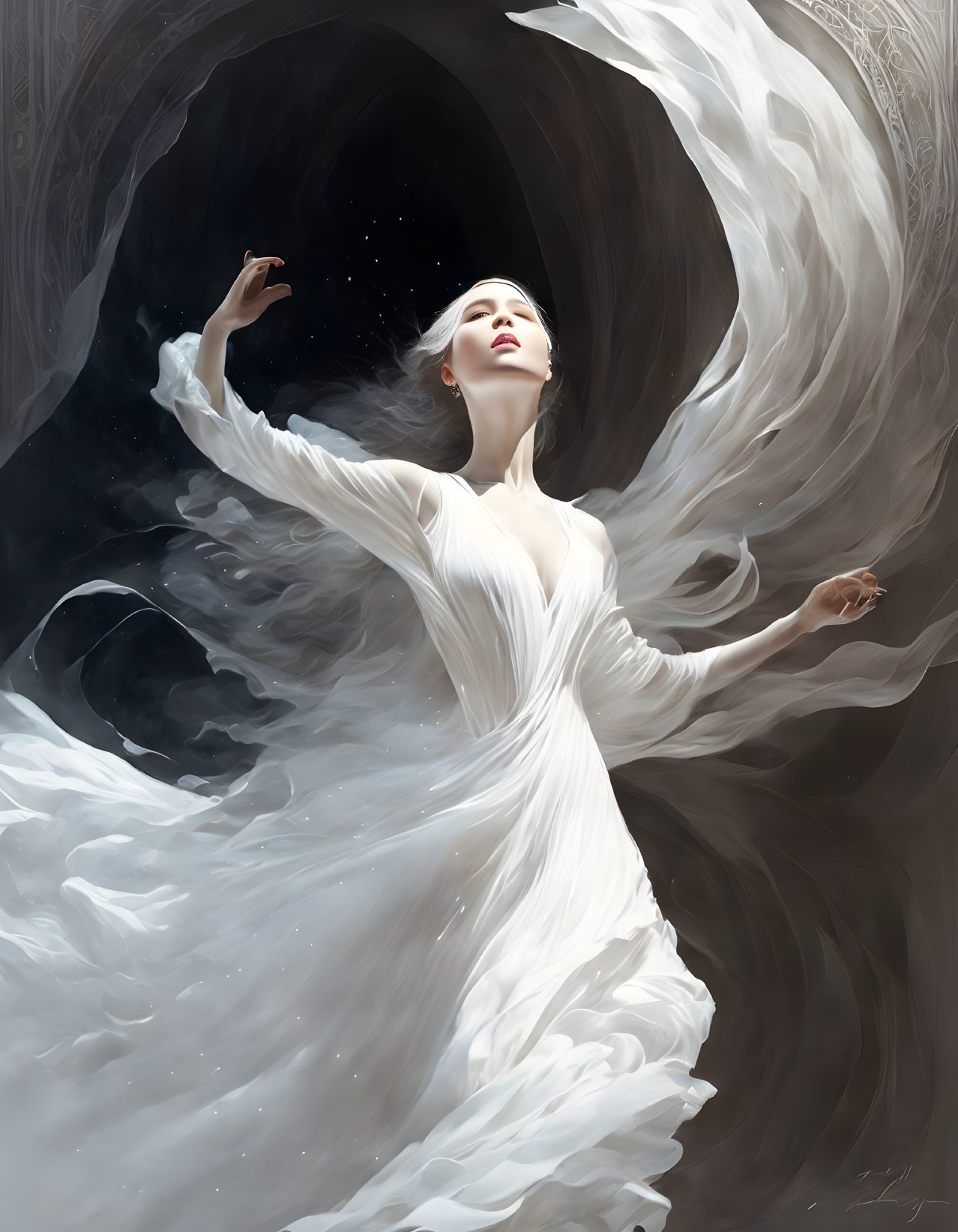 Woman in flowing white dress posing gracefully in space with stars.