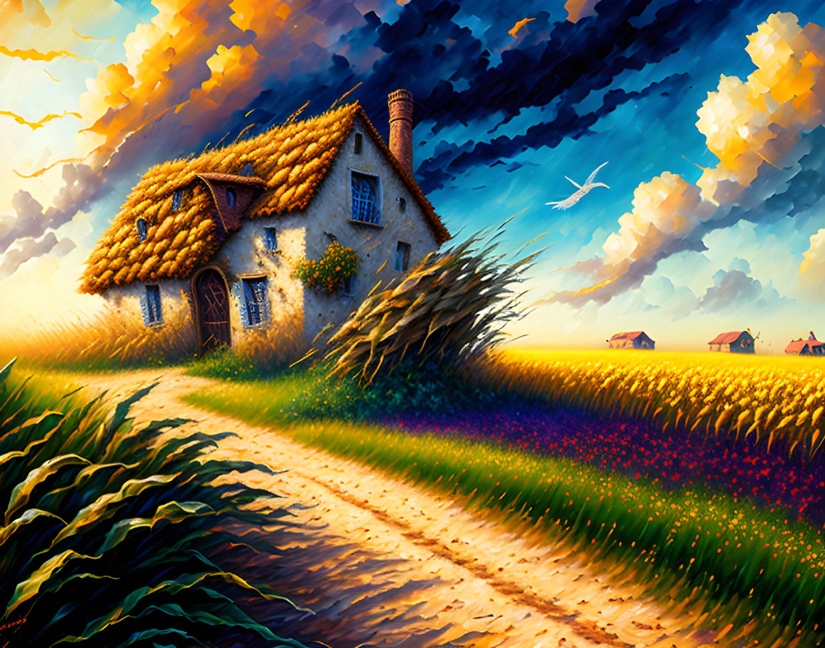 Thatched cottage with blooming garden under vibrant sky