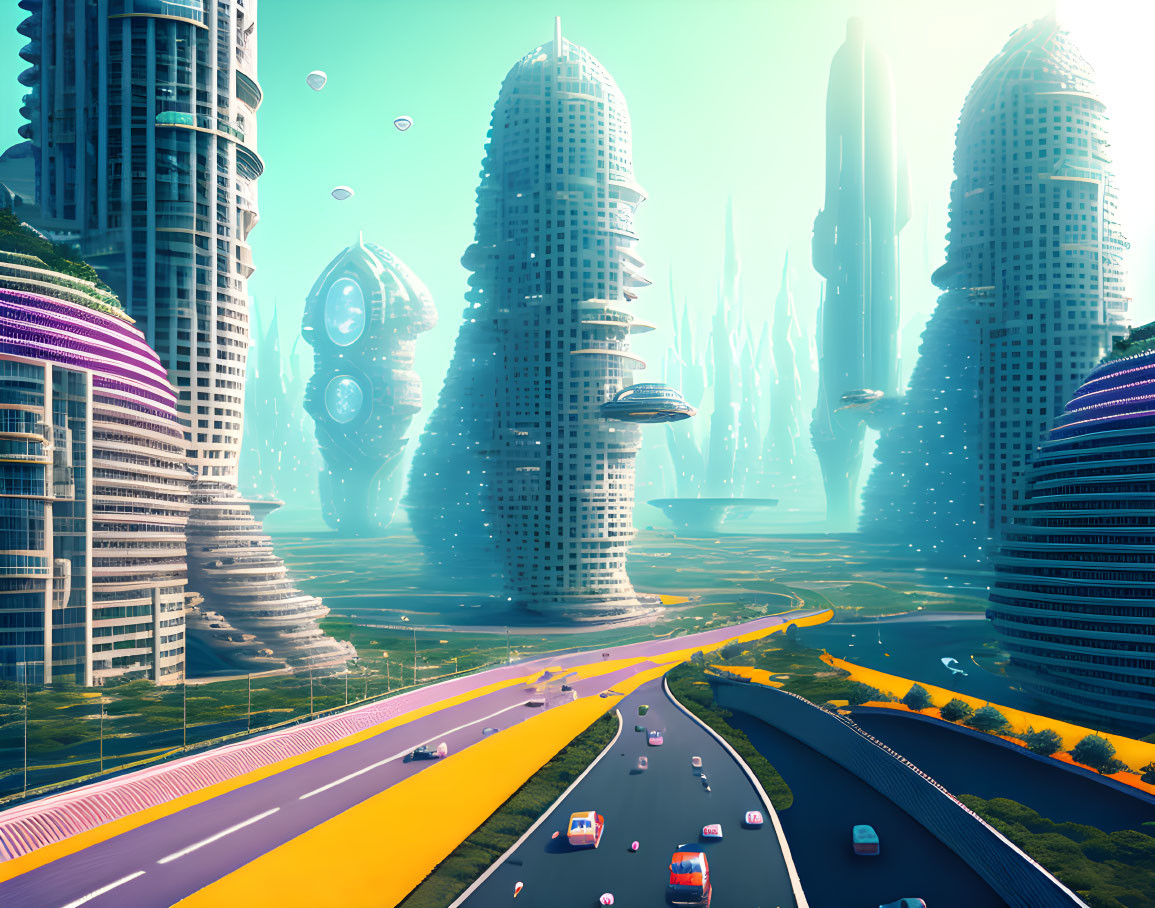 Futuristic city skyline with skyscrapers, flying vehicles, and vibrant highway